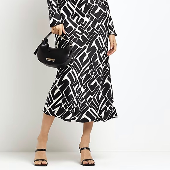 RIVER ISLAND *NWT* Black Satin Abstract Slip MIDI DRESS UK 16/US 12 - Picture 2 of 8